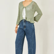 Yumi Green Tie Front Pointelle Cardigan