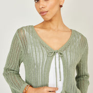 Yumi Green Tie Front Pointelle Cardigan
