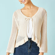 Yumi Beige Tie Front Pointelle Cardigan