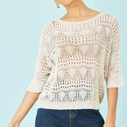 Yumi Beige Cotton Mix Relaxed Fit Pointelle Jumper