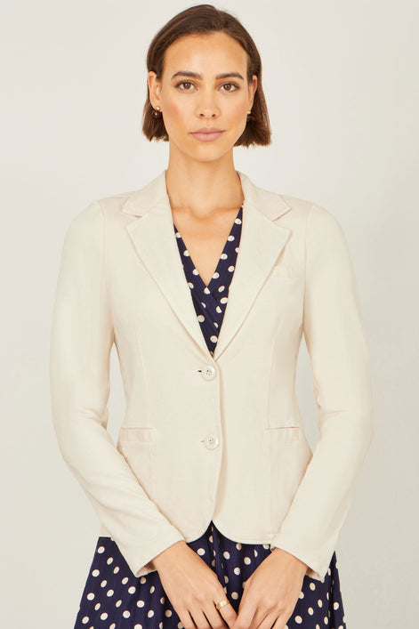 Versatile Stretch Cotton Blazer — Beige for women, styled for work