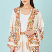 Yumi Ivory Viscose Floral Border Kimono With Tie Belt