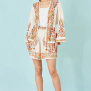 Yumi Ivory Viscose Floral Border Kimono With Tie Belt