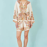 Yumi Ivory Viscose Floral Border Kimono With Tie Belt