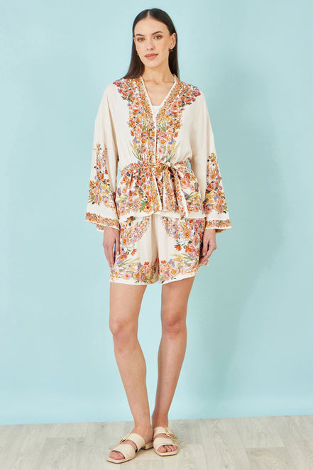 Yumi Ivory Viscose Floral Border Kimono With Tie Belt