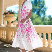Yumi Pink Mirror Floral Print Ruched Waist Kimono Midi Dress