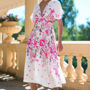 Yumi Pink Mirror Floral Print Ruched Waist Kimono Midi Dress