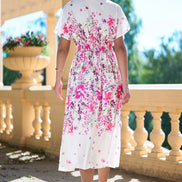 Yumi Pink Mirror Floral Print Ruched Waist Kimono Midi Dress