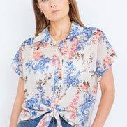 Yumi White Cotton Paisley Print Tie Knot Shirt
