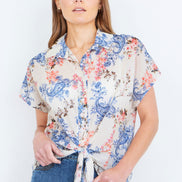 Yumi White Cotton Paisley Print Tie Knot Shirt