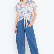 Yumi White Cotton Paisley Print Tie Knot Shirt