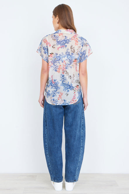 Yumi White Cotton Paisley Print Tie Knot Shirt