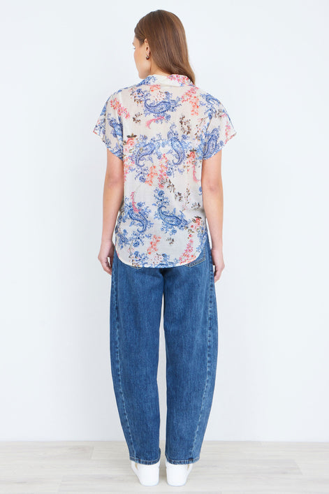 Yumi White Cotton Paisley Print Tie Knot Shirt
