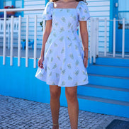 Yumi Blue Cotton Floral Puff Sleeve Skater Dress