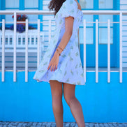 Yumi Blue Cotton Floral Puff Sleeve Skater Dress