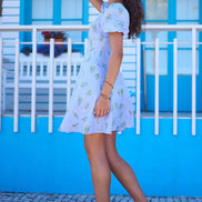 Yumi Blue Cotton Floral Puff Sleeve Skater Dress