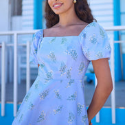 Yumi Blue Cotton Floral Puff Sleeve Skater Dress