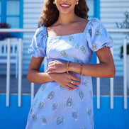 Yumi Blue Cotton Floral Puff Sleeve Skater Dress