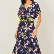 Yumi Navy Viscose Floral Print Midi Dress with Ruched Waist