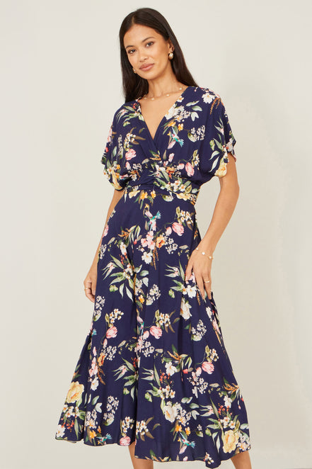 Yumi Navy Viscose Floral Print Midi Dress with Ruched Waist