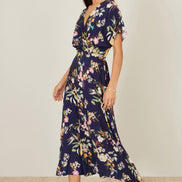 Yumi Navy Viscose Floral Print Midi Dress with Ruched Waist