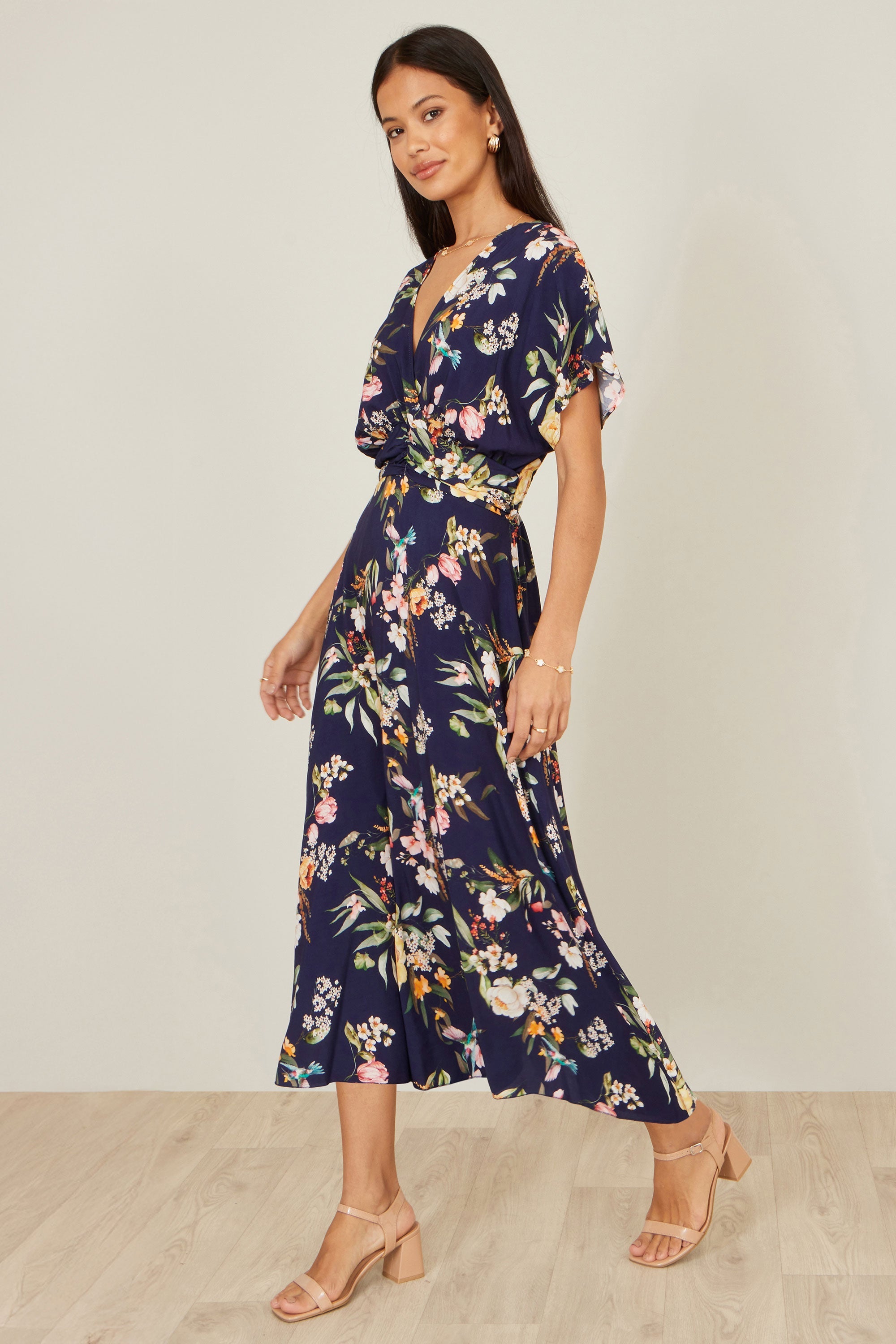 Yumi Navy Viscose Floral Print Midi Dress with Ruched Waist