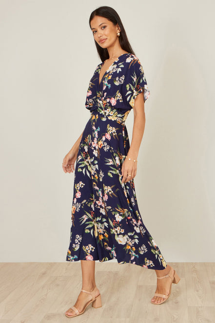 Yumi Navy Viscose Floral Print Midi Dress with Ruched Waist