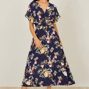 Yumi Navy Viscose Floral Print Midi Dress with Ruched Waist