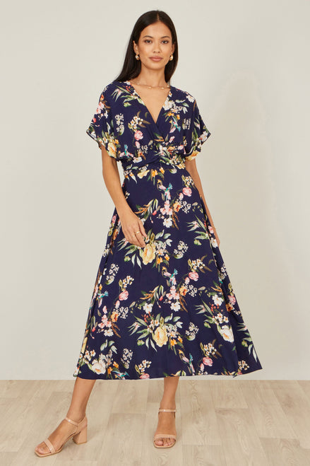 Yumi Navy Viscose Floral Print Midi Dress with Ruched Waist