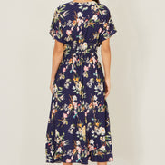 Yumi Navy Viscose Floral Print Midi Dress with Ruched Waist