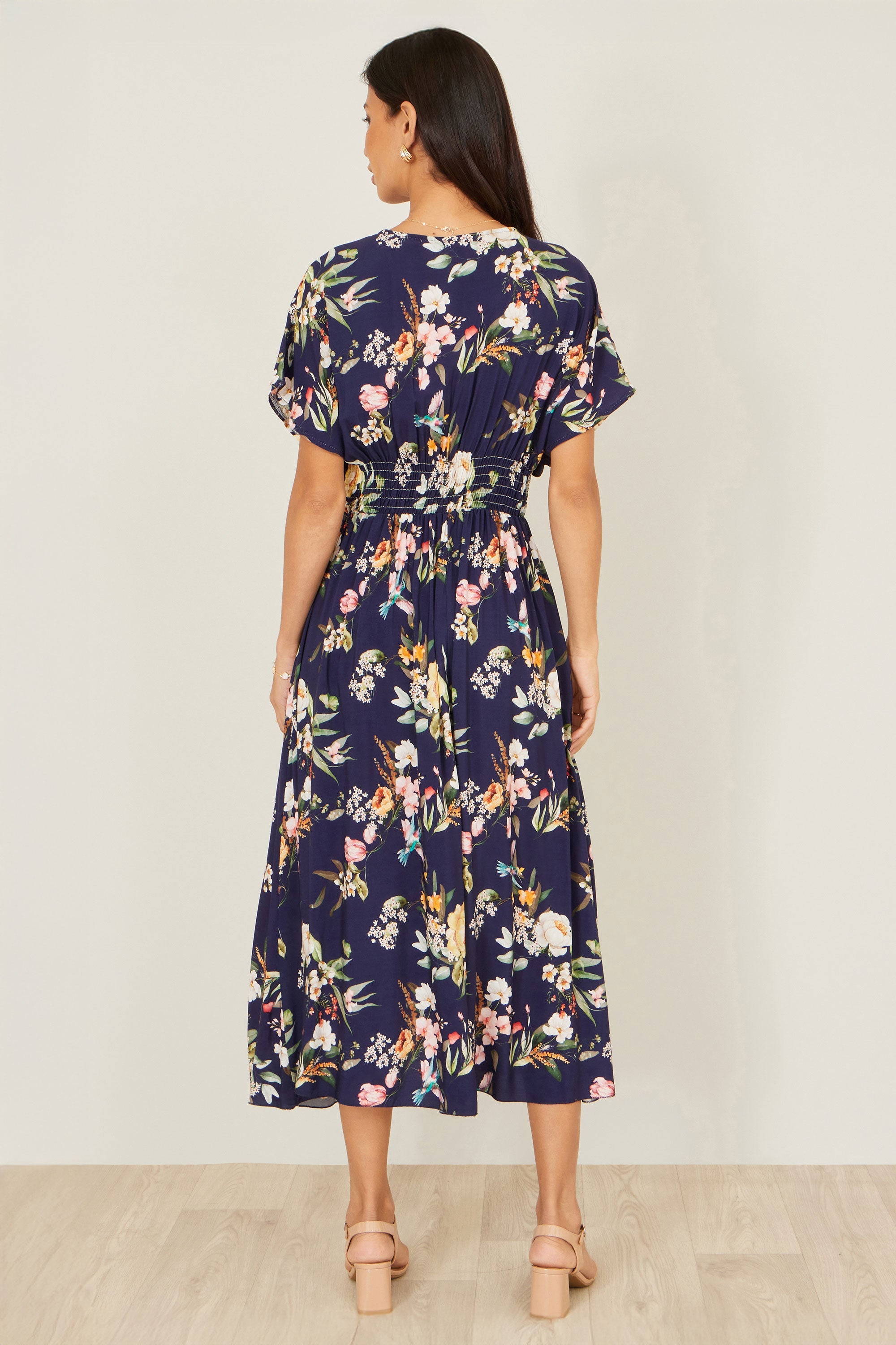 Yumi Navy Viscose Floral Print Midi Dress with Ruched Waist