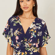 Yumi Navy Viscose Floral Print Midi Dress with Ruched Waist