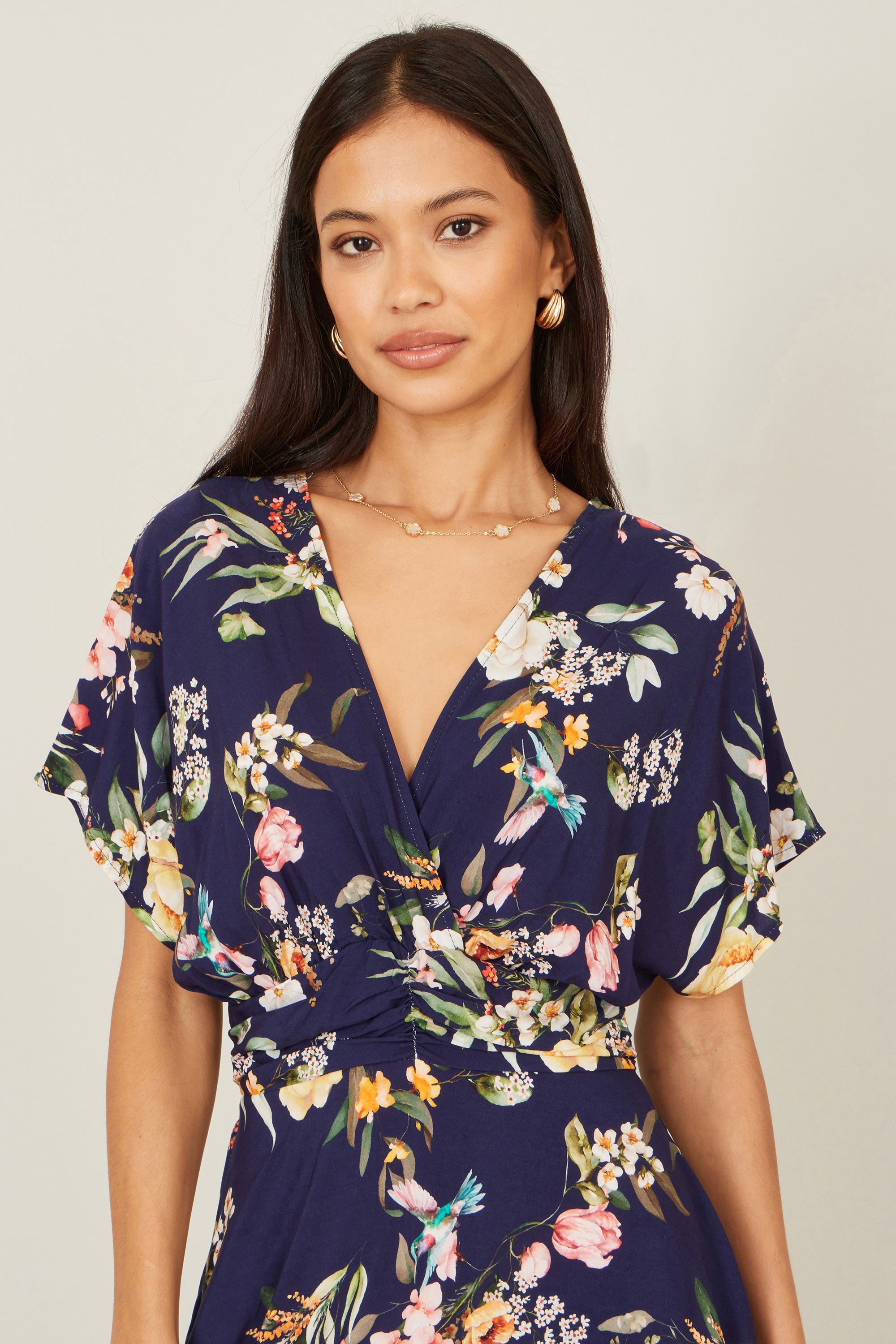 Yumi Navy Viscose Floral Print Midi Dress with Ruched Waist