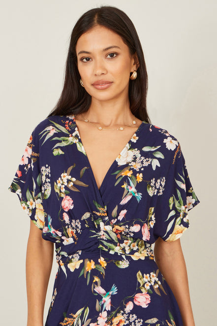 Yumi Navy Viscose Floral Print Midi Dress with Ruched Waist