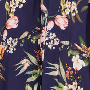 Yumi Navy Viscose Floral Print Midi Dress with Ruched Waist