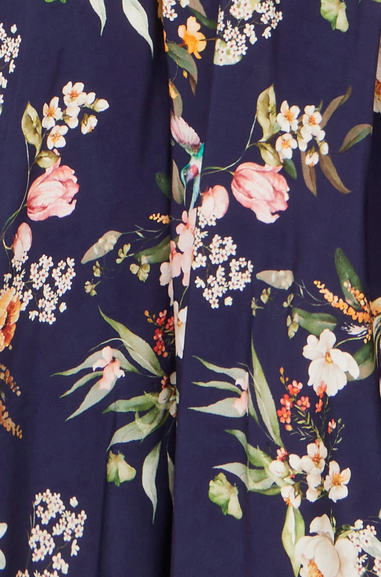 Yumi Navy Viscose Floral Print Midi Dress with Ruched Waist