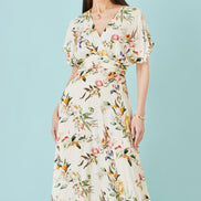 Yumi Ivory Viscose Floral Print Midi Dress with Ruched Waist