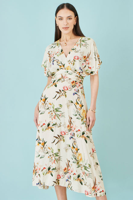 Yumi Ivory Viscose Floral Print Midi Dress with Ruched Waist