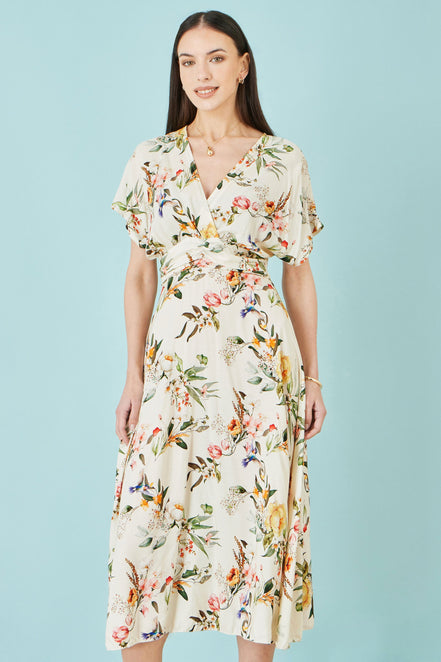 Yumi Ivory Viscose Floral Print Midi Dress with Ruched Waist