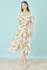Yumi Ivory Viscose Floral Print Midi Dress With Ruched Waist