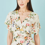 Yumi Ivory Viscose Floral Print Midi Dress with Ruched Waist
