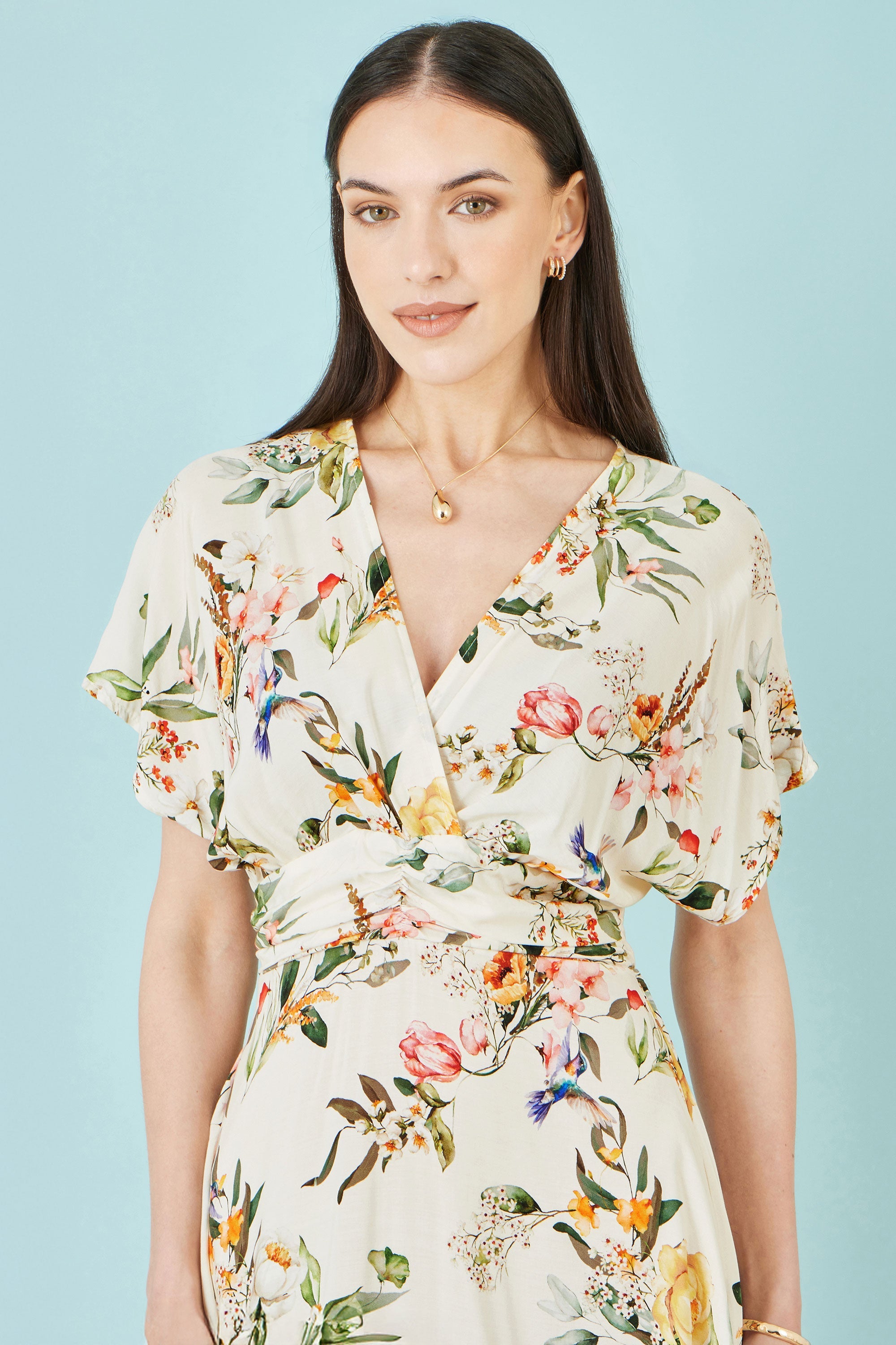 Yumi Ivory Viscose Floral Print Midi Dress with Ruched Waist