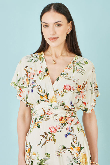 Yumi Ivory Viscose Floral Print Midi Dress with Ruched Waist