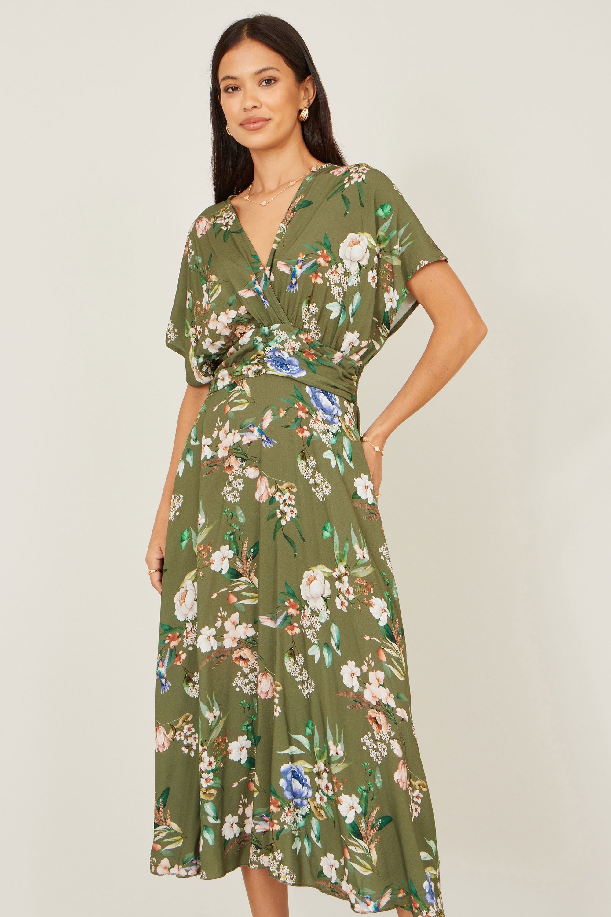 Yumi Sage Green Viscose Floral Print Midi Dress with Ruched Waist