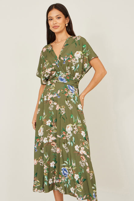 Yumi Sage Green Viscose Floral Print Midi Dress with Ruched Waist