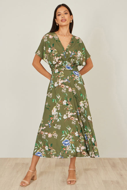Yumi Sage Green Viscose Floral Print Midi Dress with Ruched Waist