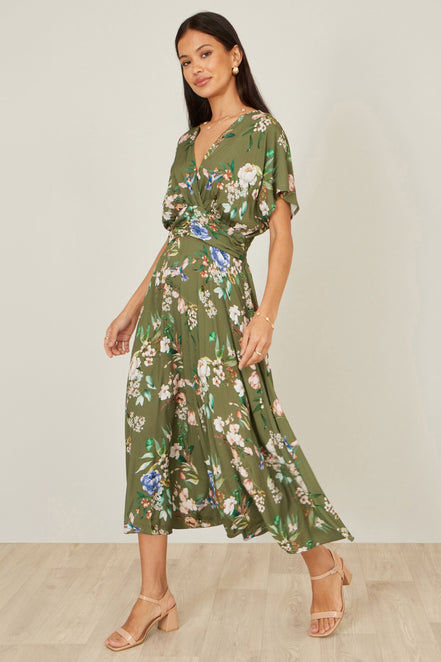 Yumi Sage Green Viscose Floral Print Midi Dress with Ruched Waist