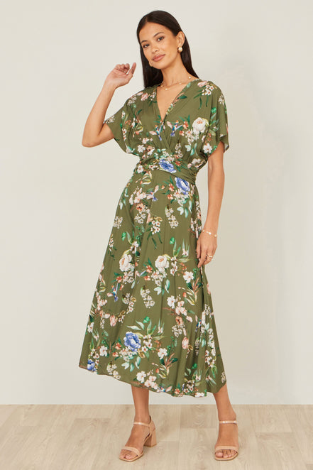 Yumi Sage Green Viscose Floral Print Midi Dress with Ruched Waist