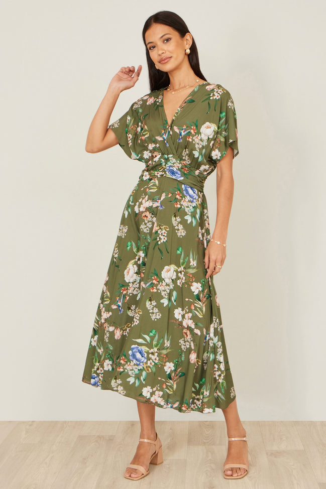 Yumi Sage Green Viscose Floral Print Midi Dress with Ruched Waist