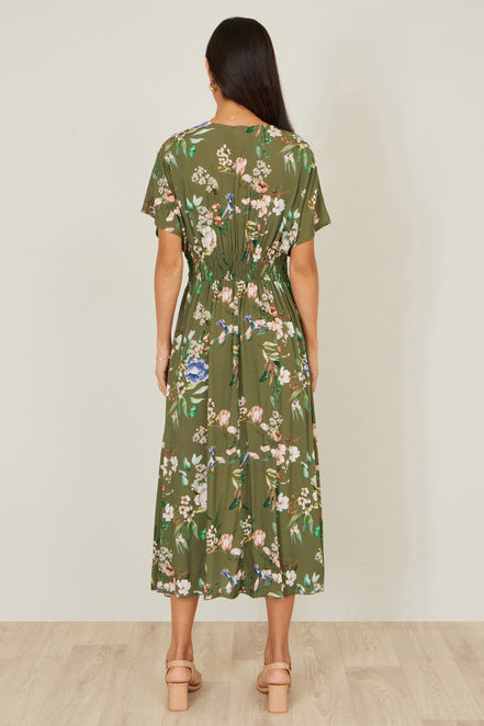 Yumi Sage Green Viscose Floral Print Midi Dress with Ruched Waist